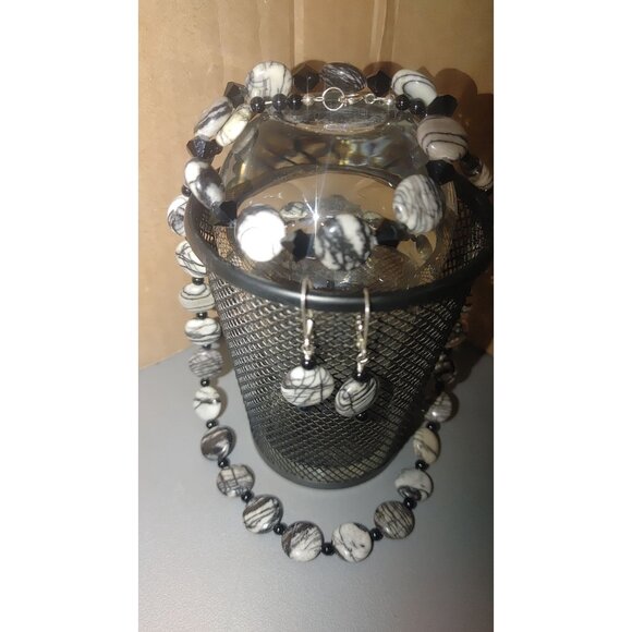 Spider Web Jasper Tourmaline Jewelry Set Black White Beaded Necklace Bracelet an - Picture 8 of 13